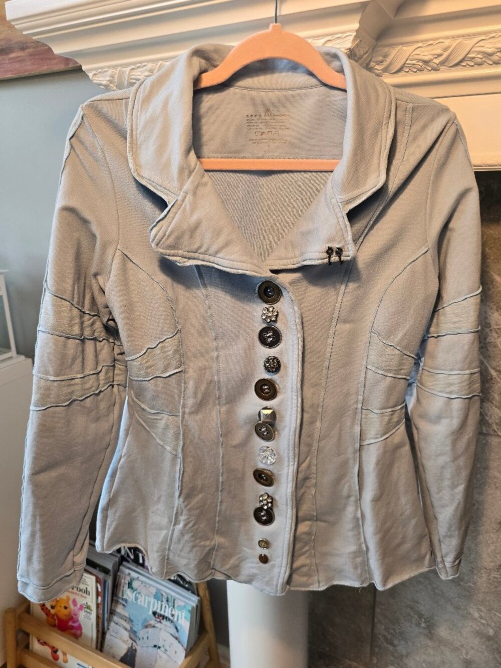 Neon Buddha Mixed Button Knit Jacket Blazer Light Blue Gray Boho Lagenlook S